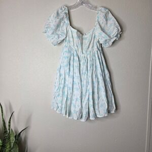 Mable White Blue Floral Print Puff Sleeve Mini Dress Women's Size‎ S